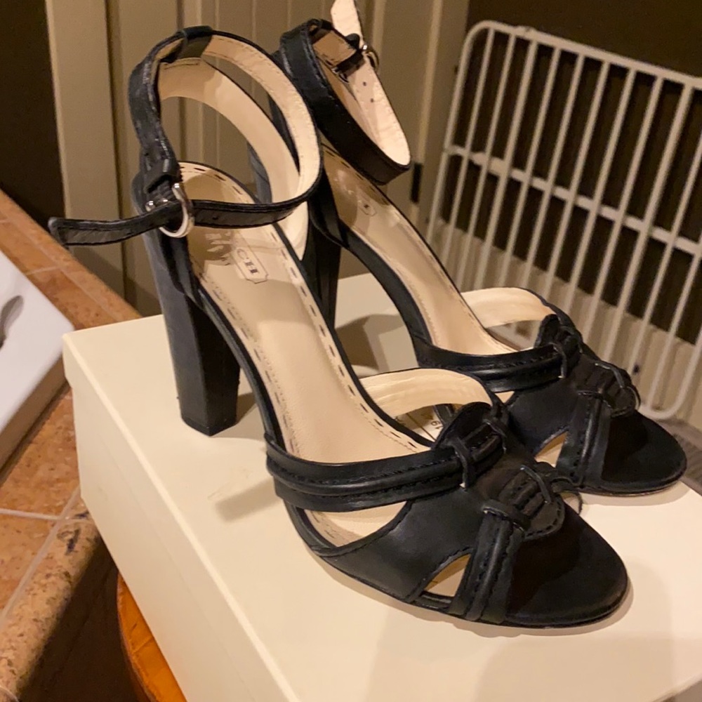 Coach Black Leather Block Heel Sandals